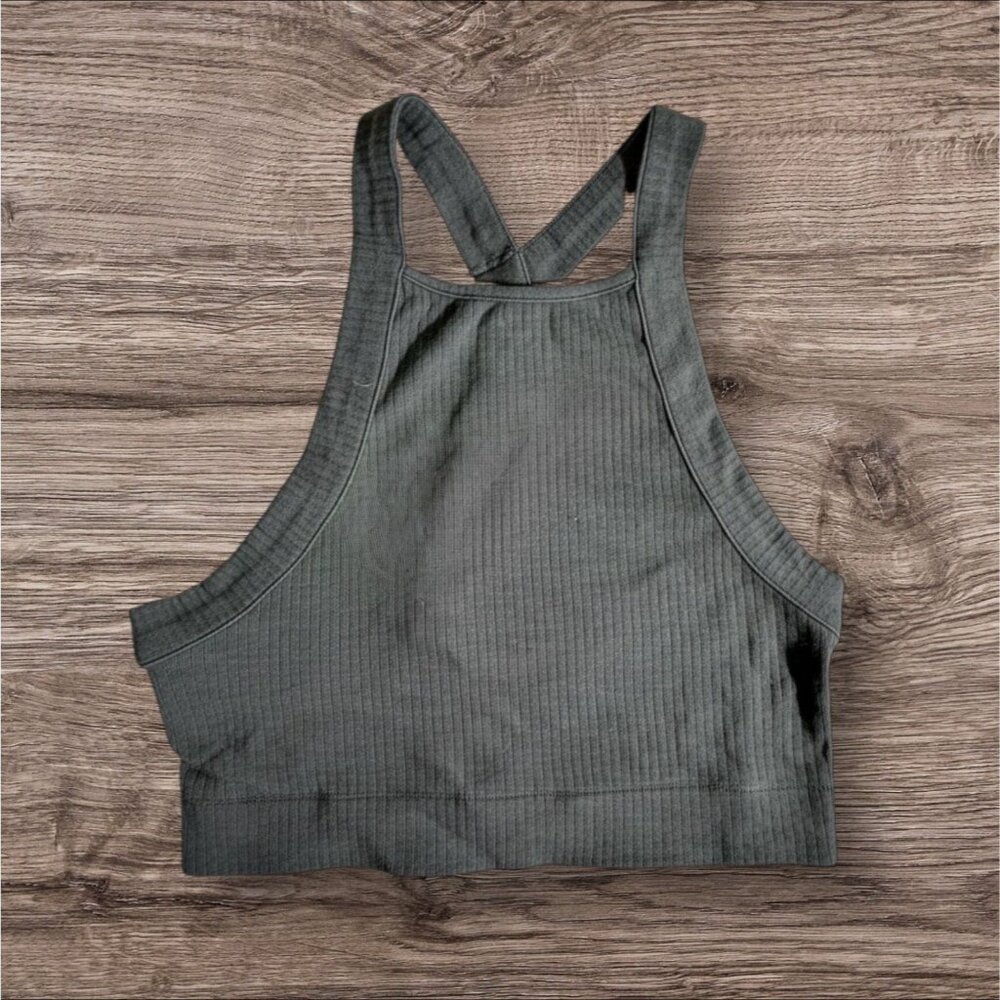Free People Catch Up Brami Charcoal Gray Ribbed Cropped Tank Top‎ Sz.M
